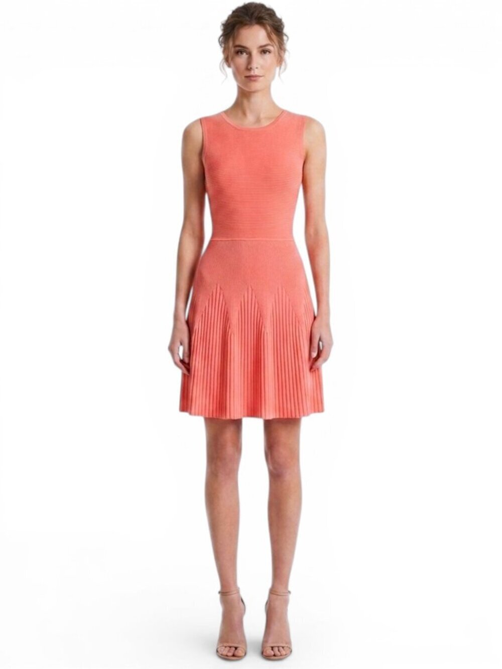 Karen Millen Coral Pink Ribbed Stretch Knit Skater Fit Flare Dress New NWOT S
